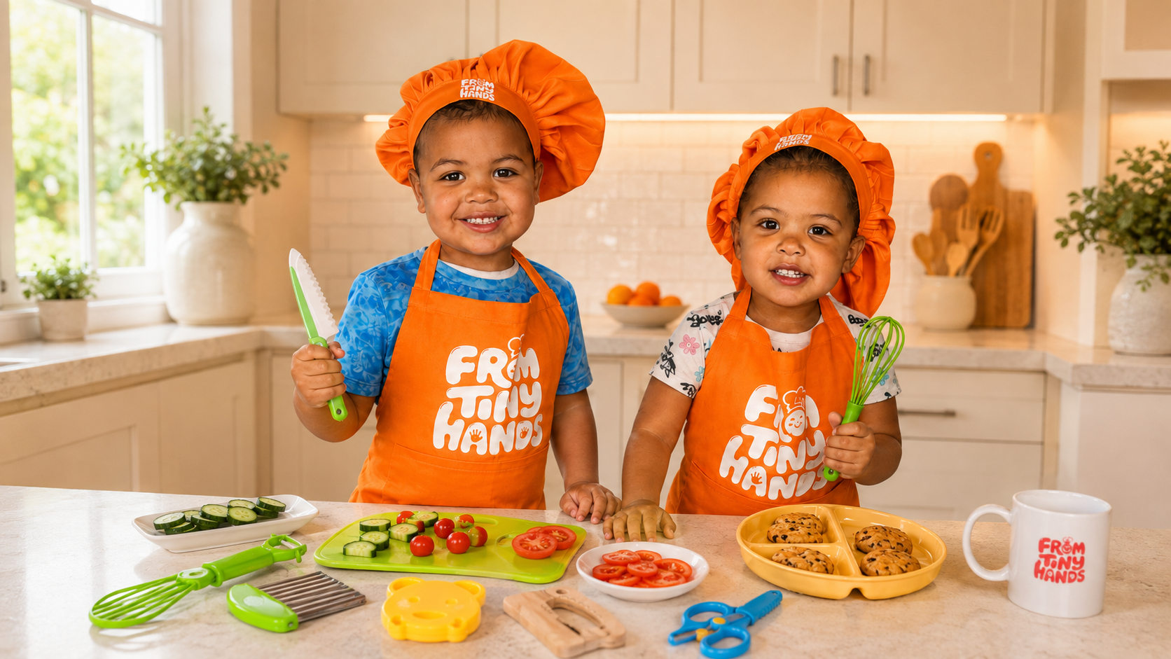 Two children in From Tiny Hands aprons and chef hats baking cookies together in a real kitchen